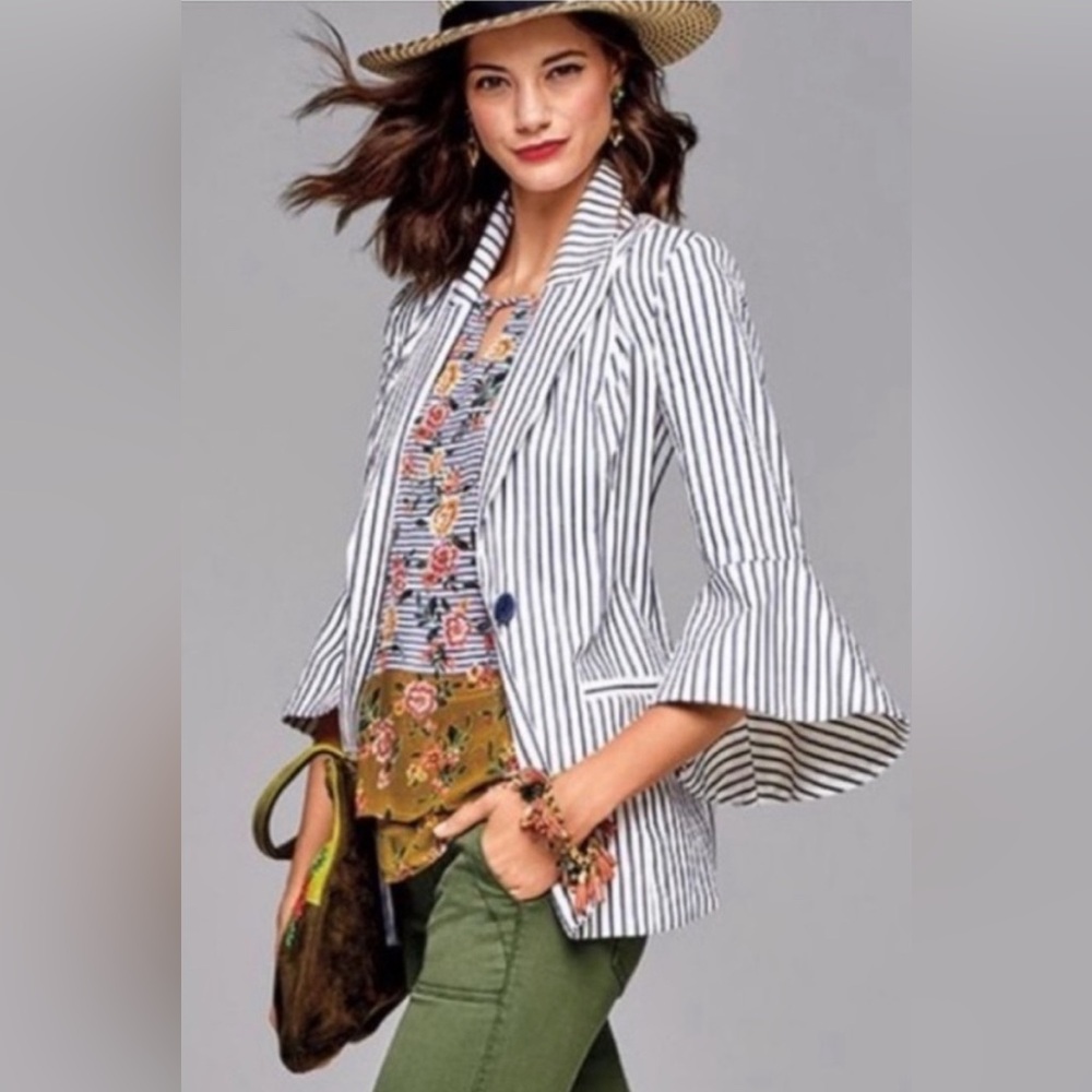 CAbi l 5295 Ole Ticking Bell Jacket Blazer Navy White size 4
